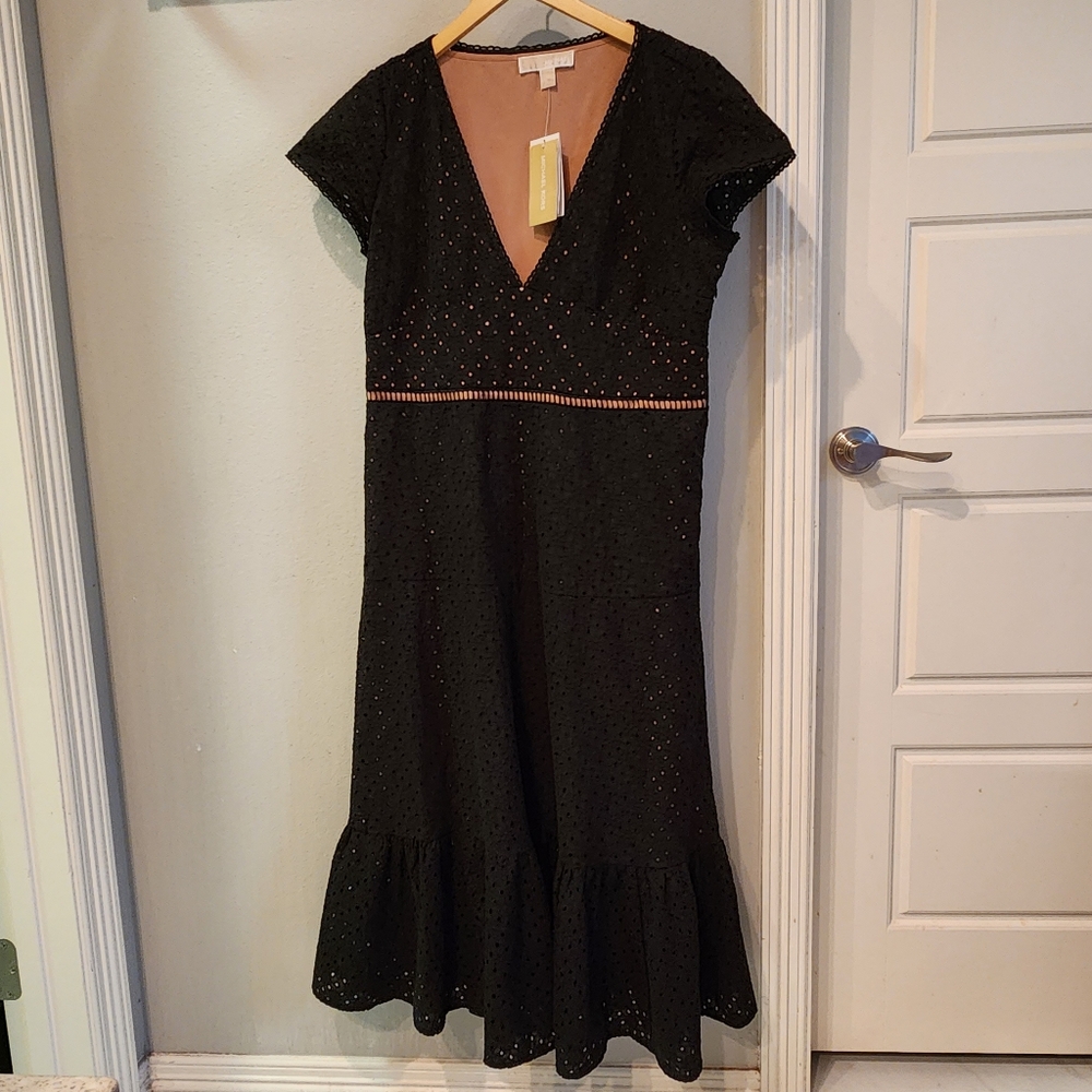 MICHAEL KORS midi lace eyelet dress size 12 Medium M Large L black low cut maxi